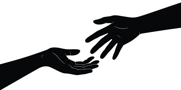 Silhouette hands reaching out offering help and support in black and white minimalist design for charity organization partnership collaboration assistance teamwork hope healthcare concept business agr