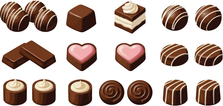 Chocolate Candy Collection Vector Set Featuring Assorted Pralines, Truffles, Filled Chocolates, and Sweet Confectionery Pieces for Packaging, Branding, and Dessert Designs