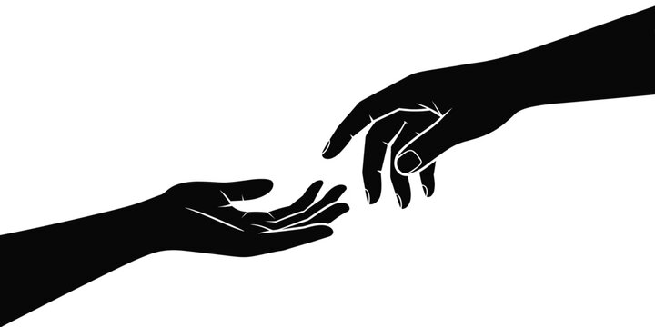 Reaching hands silhouette vector illustration for support assistance and guidance concept offering help hope and connection in black and white graphic design for charity healthcare social work and com
