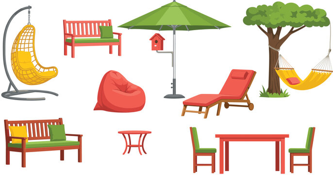 Outdoor garden and patio furniture set with benches, hammocks, sun loungers, umbrella, and relaxing backyard elements