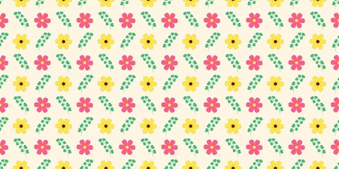 Seamless floral pattern with pink and yellow flowers on a warm cream background