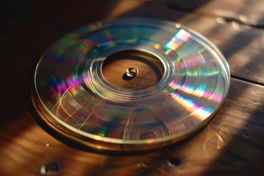 Minidisc reflecting a beautiful rainbow spectrum of colors while laying on a wooden table