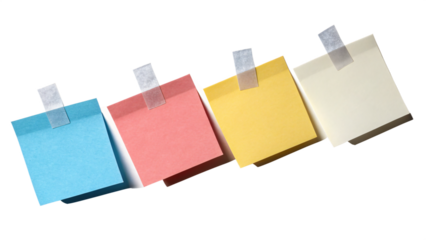 A set of colorful sticky notes with tape on a transparent background