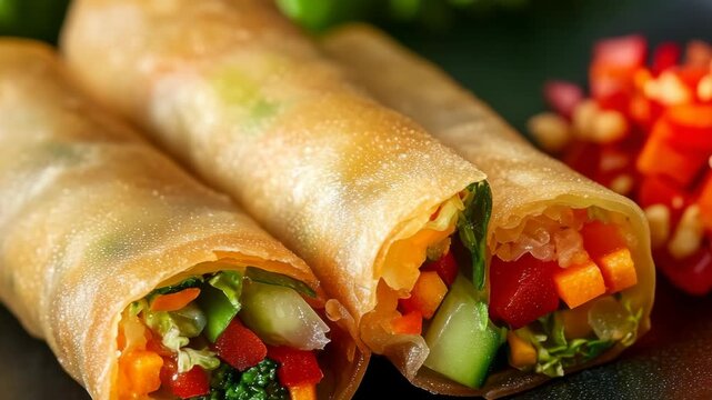 Three spring rolls with vibrant vegetables.