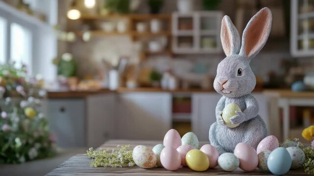 An embroidered easter bunny figurine sitting with colorful eggs in a basket, on a wooden kitchen table. A charming spring decoration.