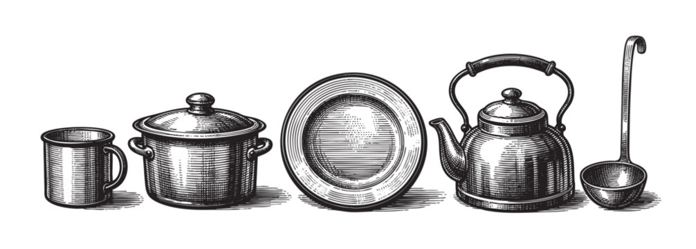Engraving style illustration of kitchenware including a cup, pot, plate, kettle and ladle arranged in a line, against a white background for culinary design.