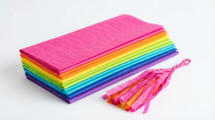 Colorful tissue paper stack with decorative fringe on white background  