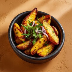 Crispy Roasted Potato Wedges with Herbs and Red Onion in a Black Bowl