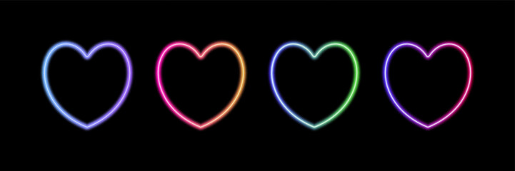 Glowing neon hearts set with glowing blue, green, pink and purple light effects, futuristic portal gateway, vibrant and LED illumination border, abstract vector frame composition.