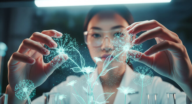 Dedicated scientist leveraging advanced augmented reality to interact with holographic plant simulations, driving innovation in biotechnology and sustainable botanical research - Powered by Adobe