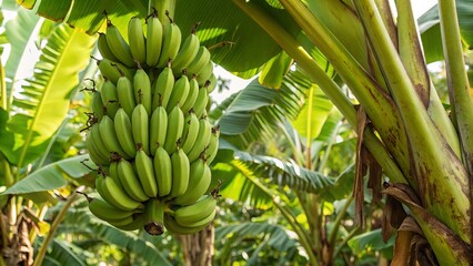 Green tropical bananas in hanging on plantation tree, healthy food concept