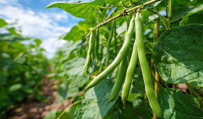 Fototapeta premium Green Bean Garden: A close-up shot of vibrant green beans hanging from their vines in a flourishing garden, under a bright blue sky, showcasing the natural beauty of fresh produce.