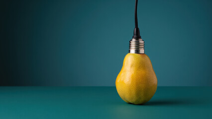 Pear-shaped lightbulb connecting creativity and innovation on a green background, concept of sustainability and eco-friendly energy solutions, metaphor of thinking outside the box, imaginative design