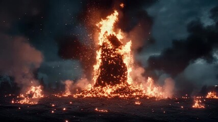 A large bonfire burning brightly with smoke and flames against a dark background, possibly at night.