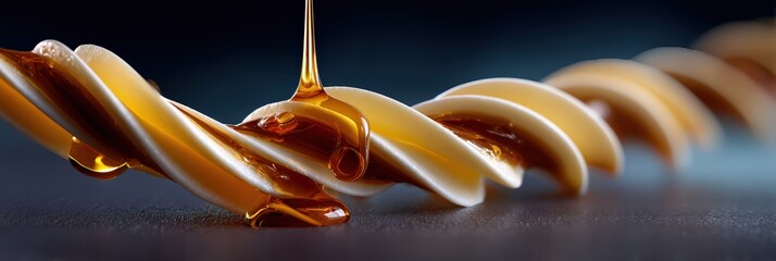 Macro Close-up of Golden Honey Pouring onto Fusilli Pasta