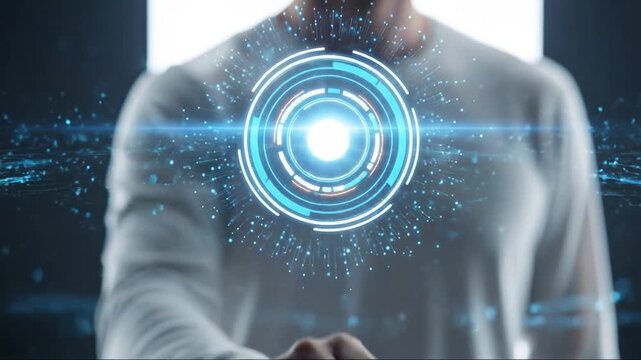 Man presses glowing high-tech button to connect with the future of technology and data