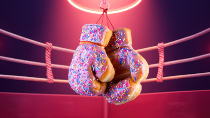 Donut boxing gloves with pink icing in neon ring, sprinkled dessert sports equipment, playful junk food competition, surreal confectionery combat arena, creative sport food mashup design