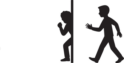 Black silhouette of person hiding behind wall to prank friend, playful concept, minimal flat vector"