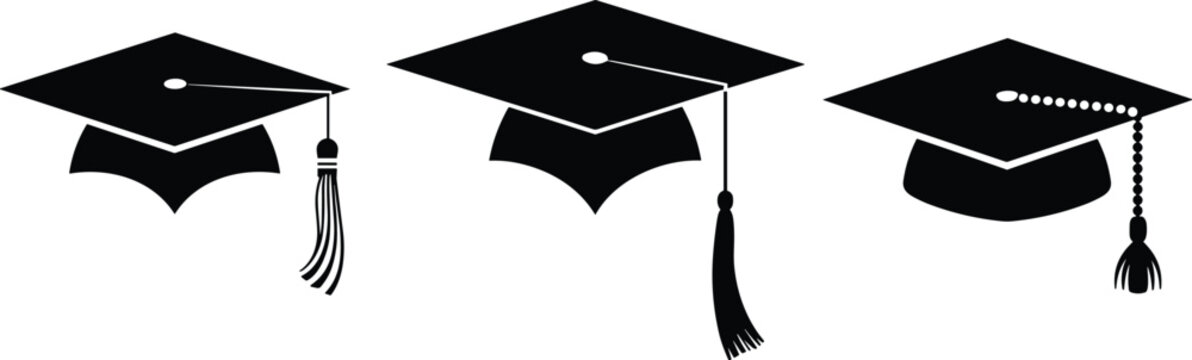 Black graduation cap mortarboard hats in a row for university college or high school education achievement ceremony academic success concept for student invitation card banner background with tassel v