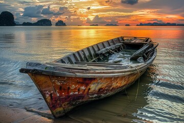Partially sunken wooden boat rests on the shore of a tropical beach as the sun sets, casting a warm glow over the tranquil scene
