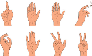 Obraz premium Hand gesture illustration set showing finger signs counting signals smoking and communication poses in flat vector style