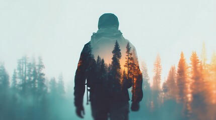 A silhouette of a person walking through a misty forest, featuring an overlay of vibrant trees and a soft sunset glow.