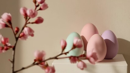 Pastel colored easter eggs and blossoming spring branch