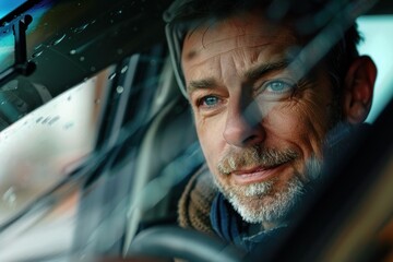Portrait of a confident mature man driving his car during a rainy day, enjoying the journey