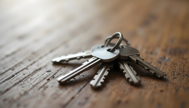 Set of silver keys on a wooden surface