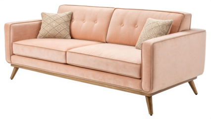 A stylish pink sofa with wooden legs and cushions is placed on a transparent background