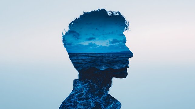 A surreal double exposure image blending a person's silhouette with ocean waves and clouds, evoking a sense of tranquility and introspection.