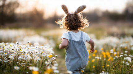 Faceless shot from behind: a child with bunny ears headband running through a meadow of daisies towards a hidden Easter basket, Easter adventure, soft golden hour light, blurred mo