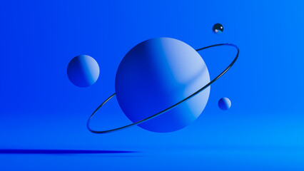 Planet with rings and moons in blue space scene