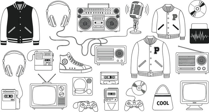 Retro vintage pop culture icon set with music gadgets fashion technology and entertainment elements in flat vector illustration