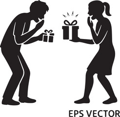 "Friends exchanging prank gifts, high-quality black vector"