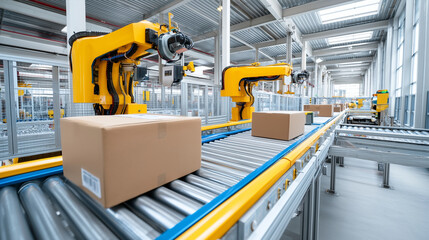 Warehouse automation floor with conveyor belts moving packages continuously, robotic arms mid-operation, barcode scanners lit, high ceiling with skylights, no workers present