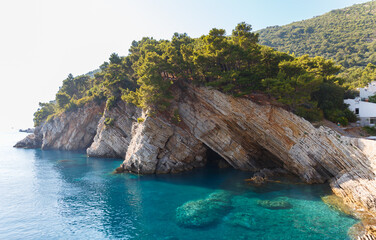 Rocky coastline with turquoise sea in Petrovac, Montenegro