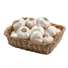 Close-up of white garlic bulbs in a square wicker basket isolated on a transparent background