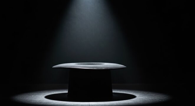 A top hat sits on a stage illuminated by a spotlight, shrouded in darkness