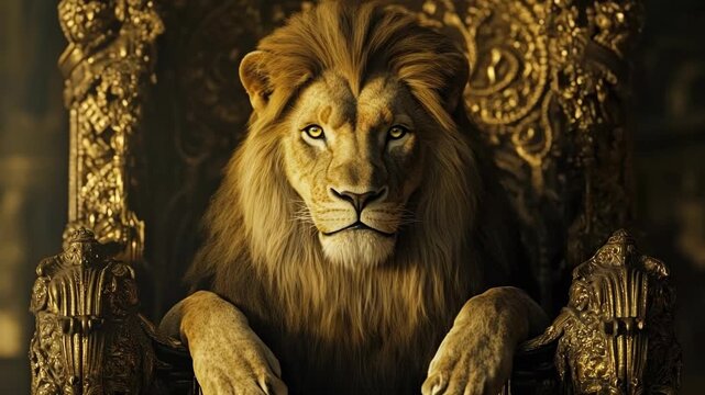 A majestic lion statue sits atop a luxurious gold throne, symbolizing royalty and power in this fantasy setting. The intricate details of the carving reflect its importance.