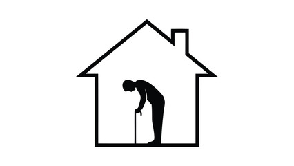 Elderly person with walking stick in a house silhouette