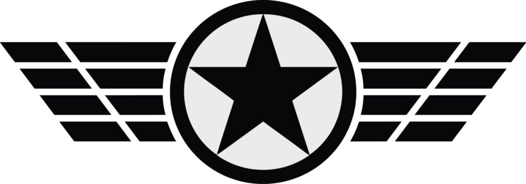 Striking black star emblem in circle with modern wings vector illustration aviation military achievement symbol graphic design element for patriotic logo badge design security company branding transpo