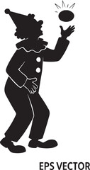 Clown silhouette performing trick, flat vector, 