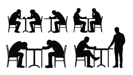 Silhouettes of people sitting at tables looking stressed