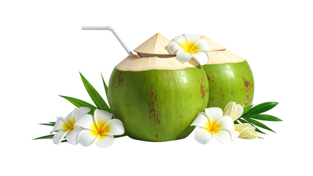 A refreshing green coconut cocktail, garnished with white flowers, is a perfect healthy summer drink.
