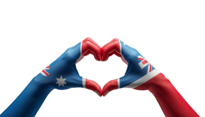 Heart-shaped gesture with Australian and British flag-painted hands on white background symbolizing unity