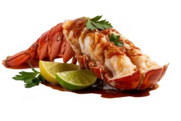 Lobster tail with lemon and herbs seafood parsley isolated on a transparent background