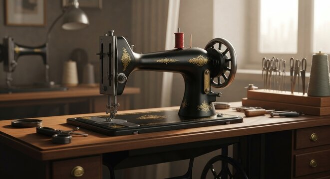 Antique sewing machine on wooden desk, other tools and machines in a warmly lit room