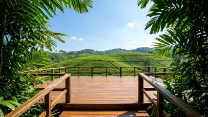 Naklejka premium Serene Tea Plantation Vista from Wooden Deck Amidst Lush Tropical Foliage, Clear Blue Sky Above