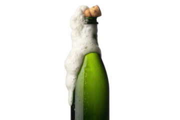 Green bottle with foam champagne isolated on a transparent background